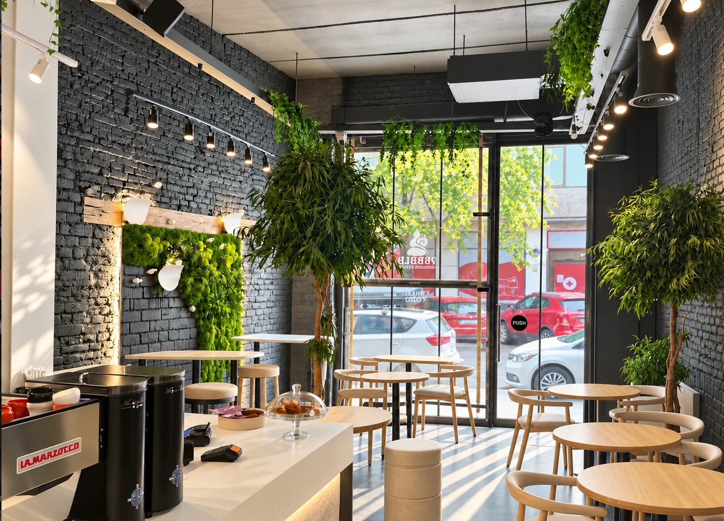 Sunlit tables, leafy plants and charcoal brick inside PEBBLE
