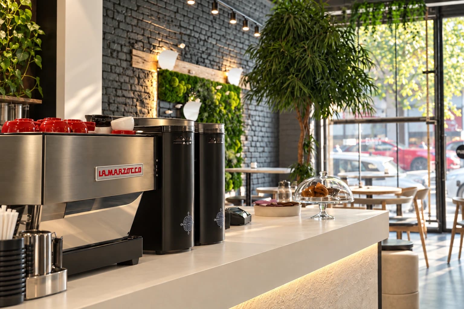 The La Marzocco espresso machine and grinders at PEBBLE’s bar