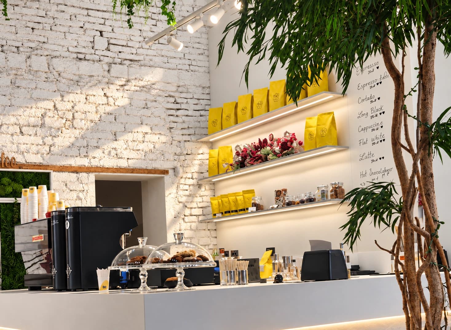 PEBBLE’s white brick counter and illuminated MERON coffee shelves
