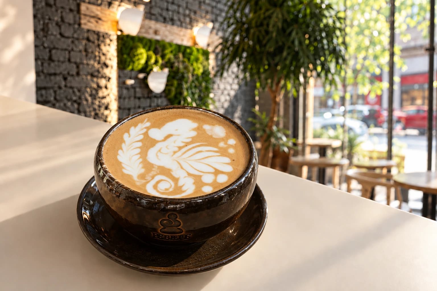 A PEBBLE ceramic cup with seahorse latte art on the ivory counter