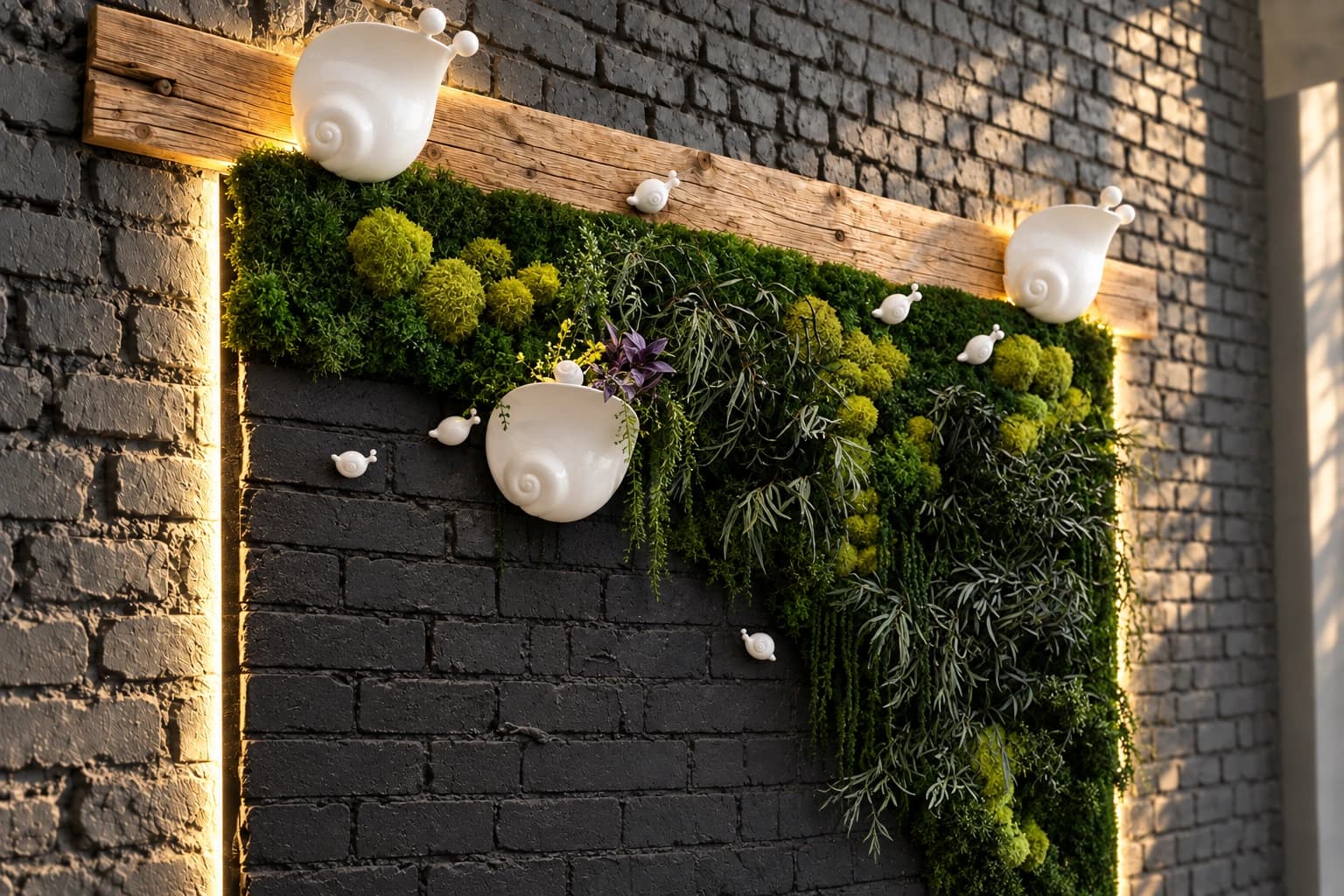 PEBBLE’s moss wall with white ceramic snails and warm side lighting